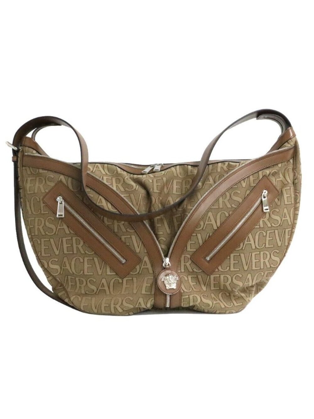 Versace Large Hobo Logo All Over Pattern Beige Brown Travel Bag
